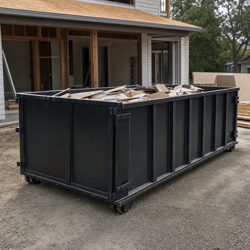 Large matte-black 30-yard construction roll-off dumpster at an active Waterloo jobsite, steel-gray top rails and bottom rollers visible, loaded with construction debris.