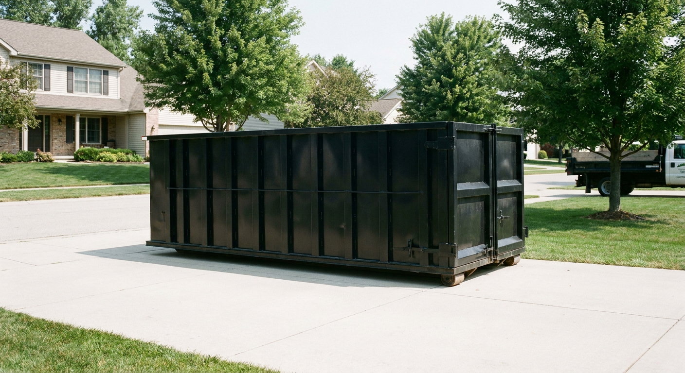 Matte-black 20-yard roll-off dumpster sitting level on a clean Waterloo residential concrete driveway under bright daylight, demonstrating clean placement directly on the concrete.