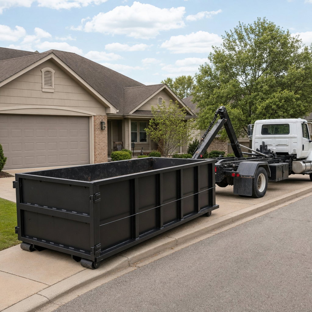 Wide documentary shot of a matte-black roll-off dumpster on a Waterloo residential driveway in the foreground and a contractor jobsite container in the soft-focus background, bright daylight, calm and orderly composition.