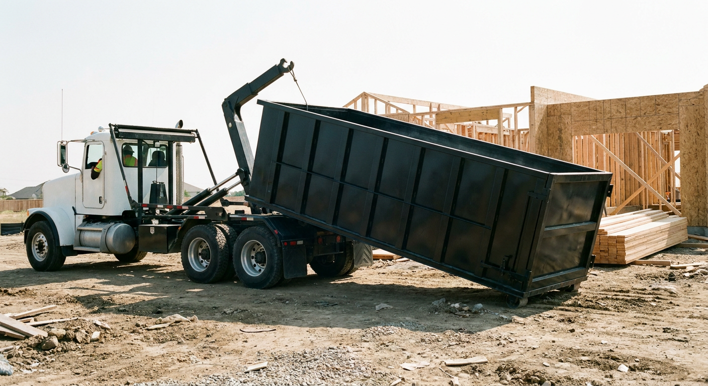 Matte-black roll-off dumpster being delivered onto a clean residential concrete driveway in Waterloo by an unmarked white hooklift hauler truck, bright morning daylight, documentary 35mm perspective.